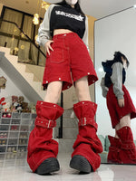 Chic Hip-Hop Women Red Cargo Pants 2-In-1 Detachable Baggy Jeans Y2K Wide Leg Trousers 90S Retro Streetwear