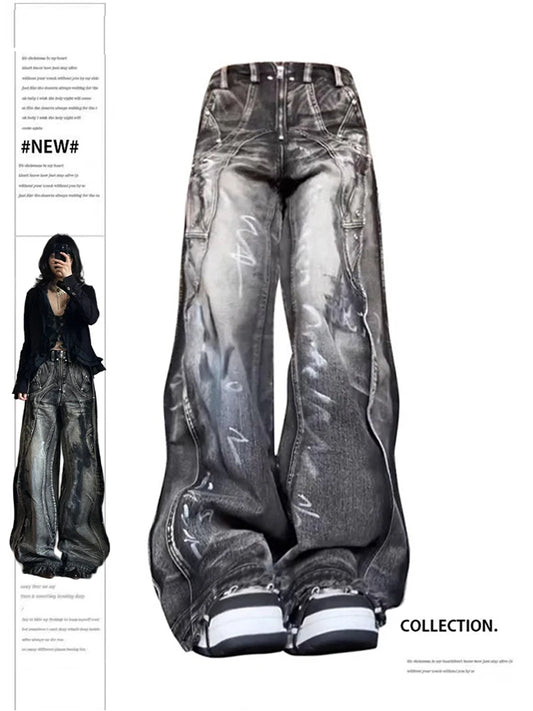 Women Y2k Graffiti Jeans Baggy Aesthetic Vintage Oversize Cowboy Pants Harajuku Streetwear 2000s Emo Trashy Denim Trousers 2024