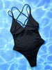 Solid Blue Backless Swimwear One Piece Sexy Swimsuit Women 2025 Back Cross String Bathers High Cut Bathing Suit Swmming Wear