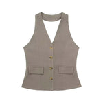 TRAF Women 2 Piece Set Halter Neck Single-Breasted Pocket Sleeveless Halter Vest Tops+High Waist Zipper Pockets Wide Leg Pant