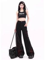 WCFCX STUDIO Women'S Black Baggy Jeans Harajuku Y2K Aesthetic Butterfly Denim Trousers Korean Jean Pants Vintage Wide Leg Pants