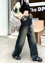 Women'S Harajuku Style Loose Wide Leg Jeans Autumn Winter Street Fashion Retro Straight Loose Denim Trousers ﻿