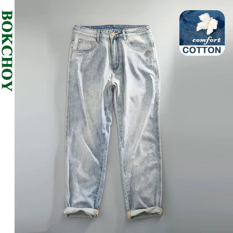 Summer Spring New Casual Vintage Jeans for Men Clothing Washed Soft Cotton Loose Straight Man Pants Baggy Jeans KK1012-1