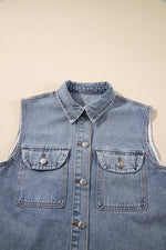 Beau Blue Denim Flap Pocket Curved Hem Shirt Vest