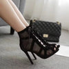 Sexy High Heels Hollow Mesh Sandals Women Summer Cross-Tied Peep Toe Heeled Sandals Ankle Strap Dance Shoes Black Net Sandals