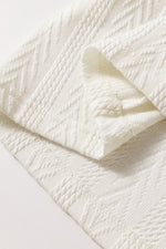 Beige Floral Patchwork Textured Knit Drawstring V Neck Blouse