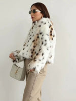 Women Leopard Faux Fur Loose Jacket Warm Long Sleeve Lapel Hidden Button Animal Pattern Overcoat Fall Winter Lady Chic Coat
