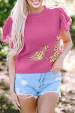 Pink Leopard Ruffled Sleeve Round Neck Knit Sweater