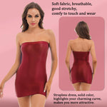 Womens Glossy Strapless Bodycon Dress Sexy Summer Bikini Cover Ups Solid Stretchy Mini Pencil Dresses Rave Party Clubwear