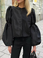 Fashion Women'S Solid Puff Full Sleeves Satin Blouse Elegant Women O Neck Split Cropped Tops 2025 New Female High Street Shirts