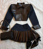 Y2K Denim Leather Splicing Two Piece Sets Women Goth Zipper Long Sleeved Jacket Harajuku Hottie Pleated Skirt Autumn Skirt Suit