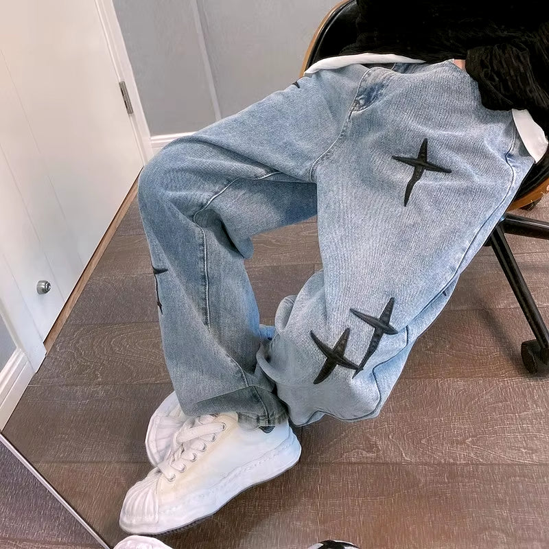 Prints Jeans Men 2023 New Streetwear Baggy Wide Leg Jeans Korean Fashion Drapes Straight Casual Loose Denim Cargo Pants