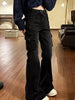 High Street Office Lady Black Flare Jeans Slim Bell Bottoms Gyaru Fashion Denim Trousers Multiple Pockets 2000S American Retro