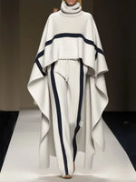 Freeacy 2025 New Women'S Pant Sets High Neck Cape Sleeves Ruffled Shirt Top and High Waist Striped Pants Elegant Two-Piece Suit