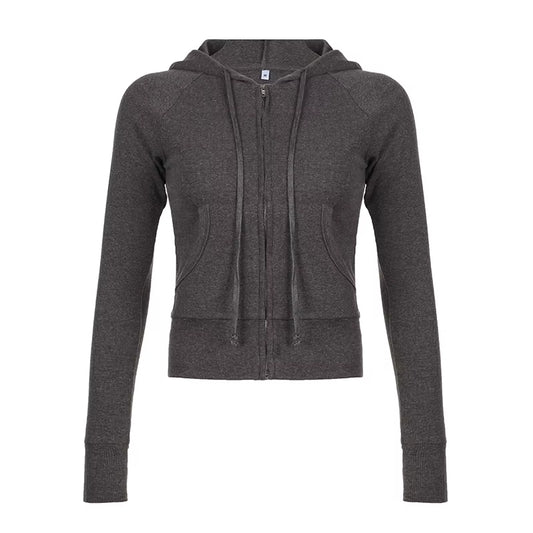 Vintage Zipper Hoodies Women Grunge Solid Color Y2K Aesthetic Ribbed Sweatshirt Autumn Hooded Harajuku Casual Pullovers