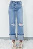 Dusk Blue High Rise Asymmetric Button Zip Fly Ripped Jeans