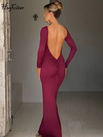 Spring Elegant Long Sleeve Backless Solid Cuched Sexy Bodycon Maxi Prom Dress Women Outfit Evening Party Festival Y2K