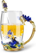 Gifts for Mom Women Mothers Day Glass Coffee Enamels Mug Best Birthday Butterfly Rose Gifts for Her from Daughter Son Lead-Free Christmas Blue Tea Cup with Spoon Set