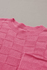 Bright Pink Lattice Textured Knit Short Sleeve Sweater