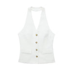 TRAF Women 2 Piece Set Halter Neck Single-Breasted Pocket Sleeveless Halter Vest Tops+High Waist Zipper Pockets Wide Leg Pant