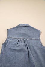 Beau Blue Denim Flap Pocket Curved Hem Shirt Vest