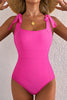 Rose Red Square Neck Knotted Shoulder Open Back One Piece Swimsuit