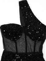 Glitter Single Shoulder Sheer Mesh Sequins Short Dress Glam Black Sequins Party Dress Female Robes Sexy Clubwear