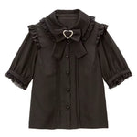 Gothic Lolita Blouses Women Sweet Bow off Shoulder JK Shirt Japanese Girls Elegant Love Heart Lace Ruffles Blusas Mujer Tops