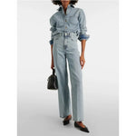 LUXURY Cotton Jeans Set for Women 2025 Spring Casual Versatile Long Sleeve Shirt, High Waist Straight Leg Pants