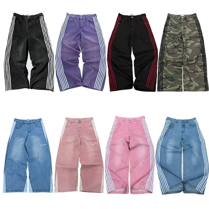 Y2K Baggy Men Jeans NEW Splicing Embroidery Striped High Quality Jeans Harajuku Men Women Hip Hop Streetwear Casual Loose Jeans
