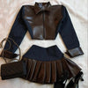 Y2K Denim Leather Splicing Two Piece Sets Women Goth Zipper Long Sleeved Jacket Harajuku Hottie Pleated Skirt Autumn Skirt Suit