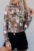 Brown Floral Long Sleeve High Neck Sheath Mesh Blouse