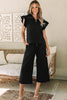 Black Textured Flutter Sleeve Top Wide Leg Pants Set