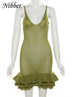 Knitted Tierred Mini Dress Women Solid See through Strap Deep V-Neck Bodycon Female Midnight Classic Clubwear Clothing