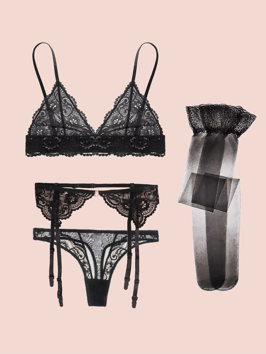 Lace Bra Sets for Women Non-Padded Bra Panty Garter Stockings Summer Underwear Lingerie Sexy
