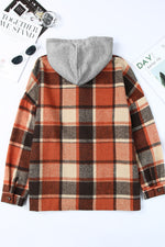 Red Printed Plus Size Plaid Button up Hooded Jacket