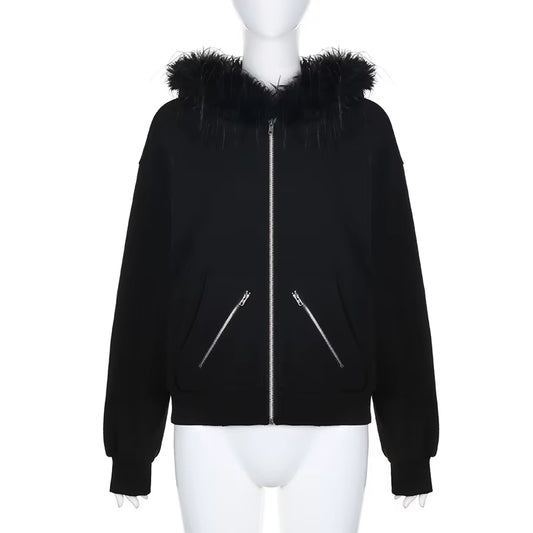Faux Fur Collar Hooded Zip up Hoodies Gothic Grunge Pockets Autumn Black Jackets Female Y2K Streetwear Egirl Cardigans