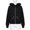 Faux Fur Collar Hooded Zip up Hoodies Gothic Grunge Pockets Autumn Black Jackets Female Y2K Streetwear Egirl Cardigans