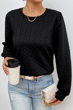 Rose Red Cable Textured Puff Sleeve Sweatshirt