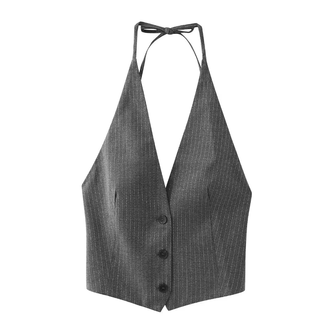 New Women Sexy Backless Bow Tied Striped Print Short Blouse Female Chic Sleeveless Breasted Vest Shirt Blusas Tops LS5546