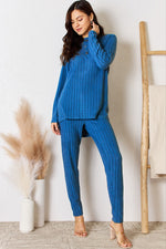 Basic Bae Full Size Ribbed Round Neck High-Low Slit Top and Pants Set