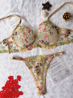 Floral Embroidery Lingerie Set Women Sheer 2-Piece Boho Bra + Panty Underwear Set Intimates