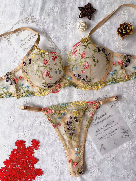 Floral Embroidery Lingerie Set Women Sheer 2-Piece Boho Bra + Panty Underwear Set Intimates