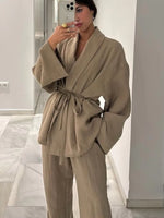 TRAF 2024 Fashion Women'S Pants Suit Solid Khaki Drawstring Long Sleeve Cardgian Blouse+ Elastic Waist Wide Leg Pants Streetwear