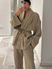 TRAF 2024 Fashion Women'S Pants Suit Solid Khaki Drawstring Long Sleeve Cardgian Blouse+ Elastic Waist Wide Leg Pants Streetwear
