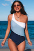 Sky Blue Color Block One Shoulder Backless One-piece Swimwear