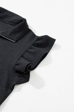 Black Textured Flutter Sleeve Top Wide Leg Pants Set