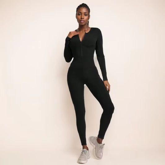 Fall New Hot Sale Sexy Bodysuit for Women Solid Color Ribbed Long Sleeve Zipper Bodycon Sporty Clothing Rompers Women'S Jumpsuit
