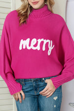 Red Merry Letter Embroidered High Neck Sweater