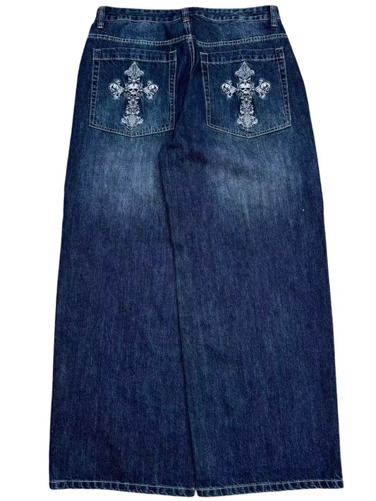 New Vintage Washed Embroidered Jeans Trend Hip Hop Men Y2K Straight Leg Wide Leg Pants Couple Trend Casual Loose Street Pants